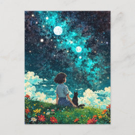少女と彼女の猫は花畑に一緒に座る ポストカード