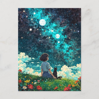 少女と彼女の猫は花畑に一緒に座る ポストカード