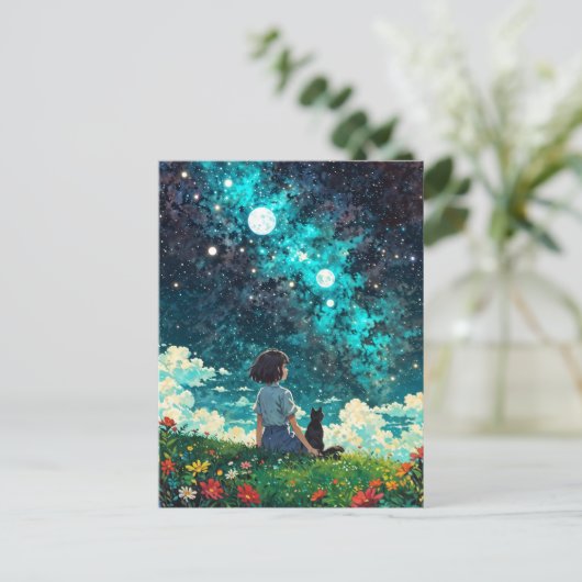 少女と彼女の猫は花畑に一緒に座る ポストカード (スタンド正面)