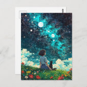 少女と彼女の猫は花畑に一緒に座る ポストカード (正面/裏面)