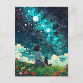 少女と彼女の猫は花畑に一緒に座る ポストカード (正面)