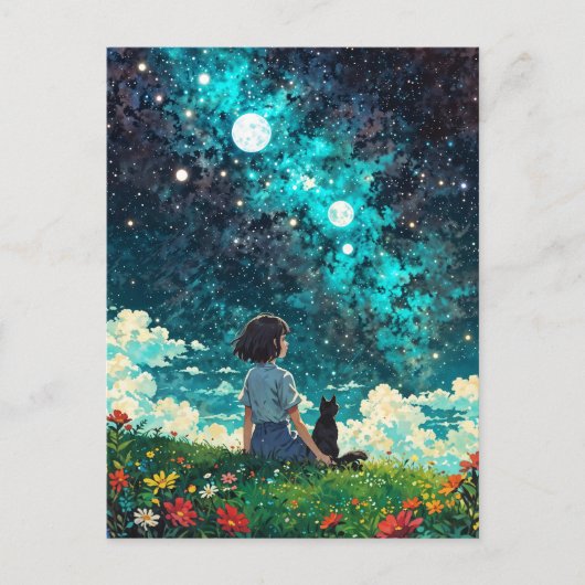 少女と彼女の猫は花畑に一緒に座る ポストカード (正面)