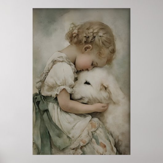 少女と犬のアンティークプリント、風化したサージグリーン ポスター (正面)