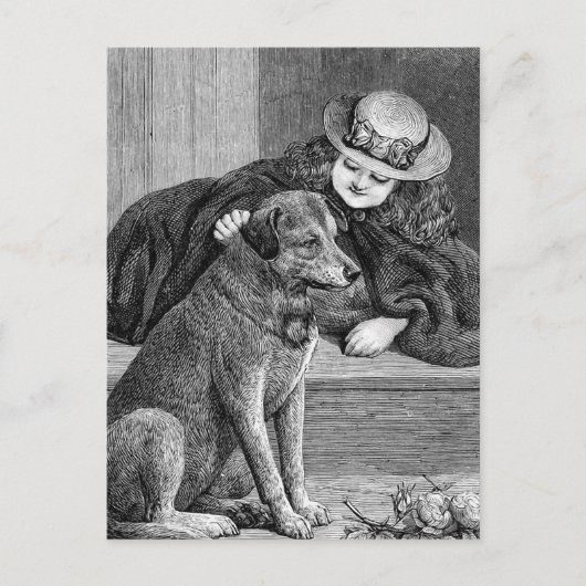 「少女と犬」ヴィンテージイラスト ポストカード (正面)