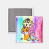 少女と猫の抱擁と愛のオブジェカラフルクト マグネット (正面/裏面)