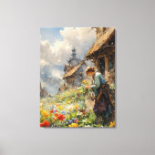 少女と花の国の風景 | 水彩画 キャンバスプリント (正面)