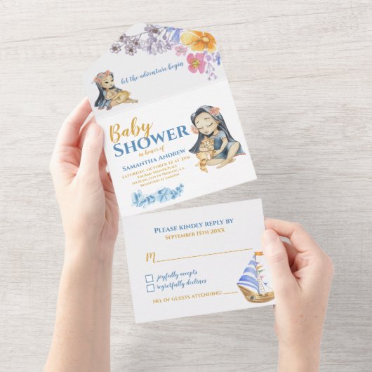 少女と赤ちゃん動物の野生のベビーシャワー オールインワン招待状 (貼ってはがせる)