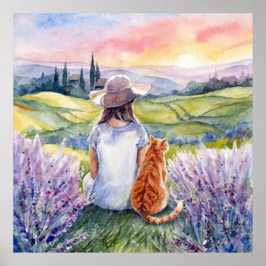 少女と赤茶の猫が日の出を見る水彩アート ポスター (正面)