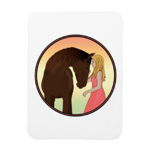 少女と馬の馬の馬に乗る馬乗りサンセット マグネット