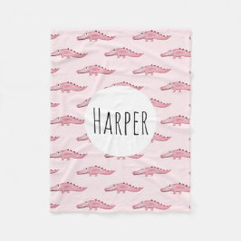 少女のかわいいピンクのサファリワニの柄と名前 フリースブランケット