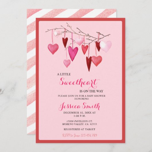 少女のためのピンクの恋人のバレンタインデーシャワー 招待状 (正面/裏面)