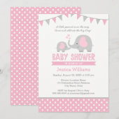 少女のためのピンク灰色の象の赤ちゃんシャワー招待状 招待状 (正面/裏面)