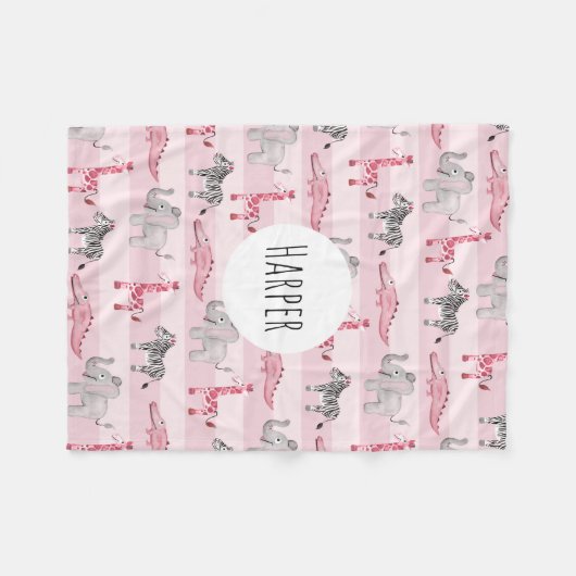 少女のピンクのサファストライプのリ動物が子どもの名前を付ける フリースブランケット (正面(横))