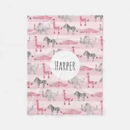 少女のピンクのサファストライプのリ動物が子どもの名前を付ける フリースブランケット