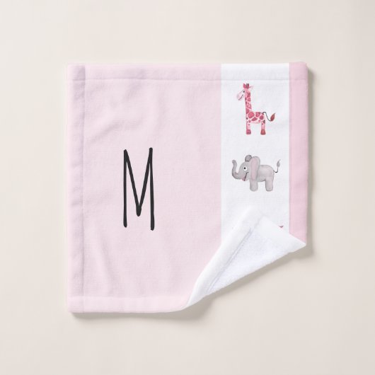 少女のピンクのサファリ動物の柄と子どもの名前 バスタオルセット (ウォッシュタオル)