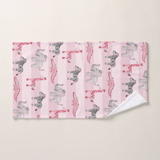 少女のピンクのサファリ動物の柄と子どもの名前 バスタオルセット (ハンドタオル)