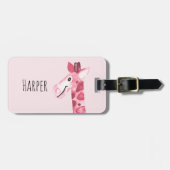 少女のピンクの水彩キリンサファリ&キッズネーム ラゲッジタグ (正面横)