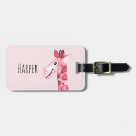 少女のピンクの水彩キリンサファリ&キッズネーム ラゲッジタグ
