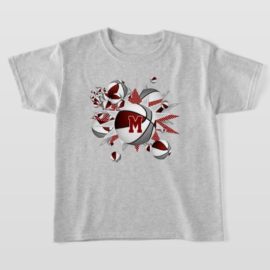少女のマルーンの灰色のバスケットと星 Tシャツ (レイダウン)