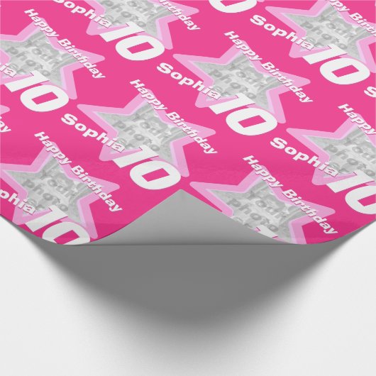 少女の名前の年齢10あなたの写真のピンクの星のパターンを追加 ラッピングペーパー (角)