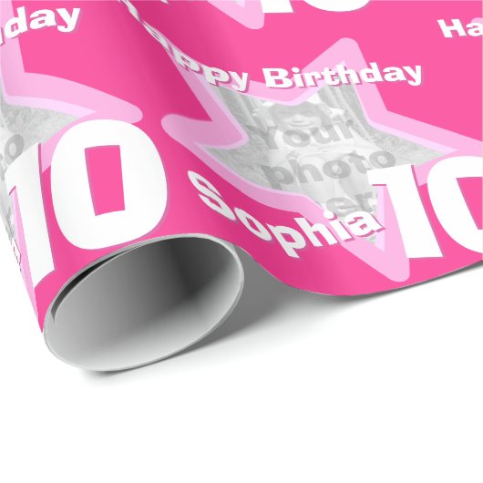 少女の名前の年齢10あなたの写真のピンクの星のパターンを追加 ラッピングペーパー (ロールコーナー)