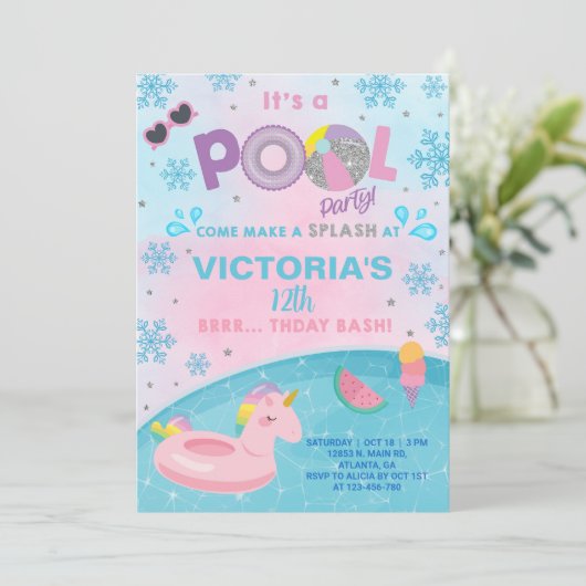 少女の屋内の冬のプールのパーティー誕生日の招待。 招待状 (スタンド正面)