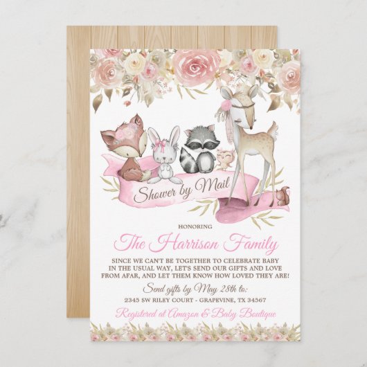 少女の森の動物の赤ちゃんシャワー郵便 招待状 (正面/裏面)