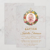 少女の洗礼　写真　ローズの花輪　クロス　大理石　花飾り 招待状 (正面/裏面)