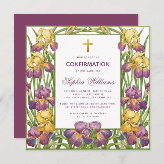 少女の確認アイリスパープルイエロークロスフローラ 招待状 (正面/裏面)