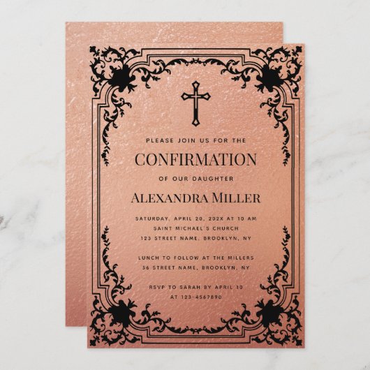 少女の確認バラ金ゴールドヴィンテージエレガントピンク 招待状 (正面/裏面)