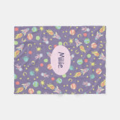 少女の紫のロケット船の宇宙パターンと名前 フリースブランケット (正面(横))