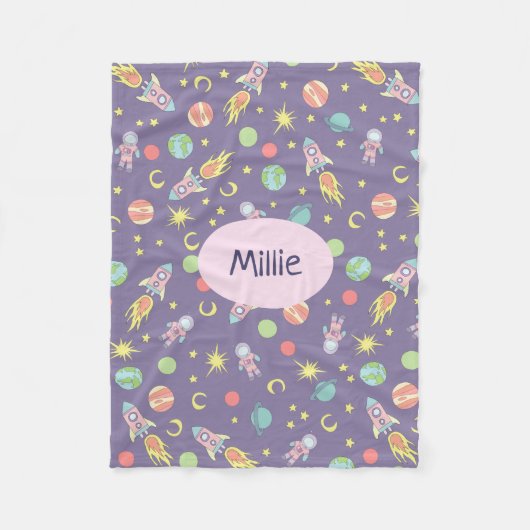 少女の紫のロケット船の宇宙パターンと名前 フリースブランケット (正面)