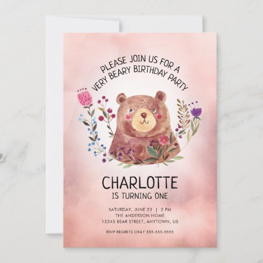 少女の誕生日パーティーかわいいクマと花 招待状 (正面)