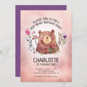 少女の誕生日パーティーかわいいクマと花 招待状 (正面/裏面)