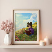 少女の読書と眠そうな猫 ポスター