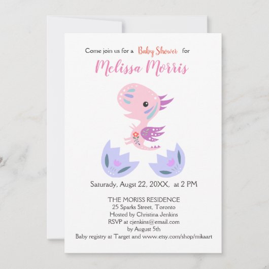 少女の赤ちゃんがシャワーかわいい小さな竜のベビーふ化 招待状 (正面)