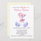 少女の赤ちゃんがシャワーかわいい小さな竜のベビーふ化 招待状 (正面/裏面)