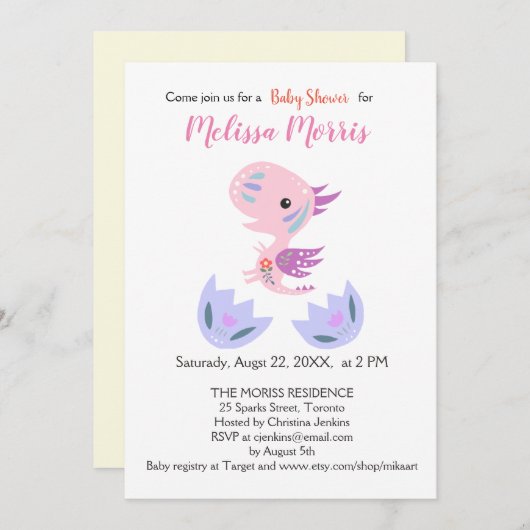 少女の赤ちゃんがシャワーかわいい小さな竜のベビーふ化 招待状 (正面/裏面)