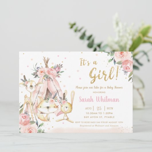 少女の赤ちゃんシャワーで部族生活をする森林動物 招待状 (スタンド正面)