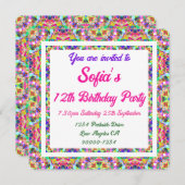 少女の鮮やかな夏の緑と明るい紫の誕生日 招待状 (正面/裏面)
