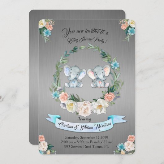 少女または少年のベビーシャワーゾウ，銀の金属，かわいい 招待状 (正面/裏面)