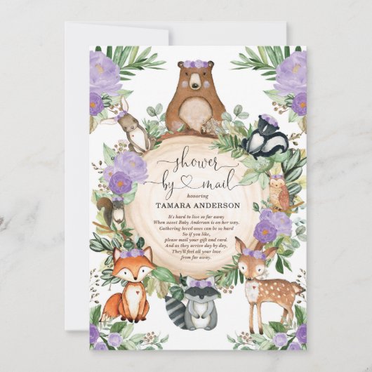 少女ウッドランドベビーシャワーバイメールパープルフローラ 招待状 (正面)