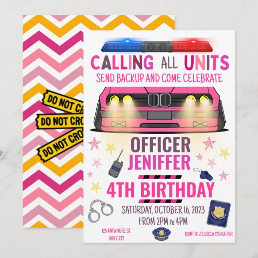 少女ピンク警察官 警察 誕生日 招待状 (正面/裏面)