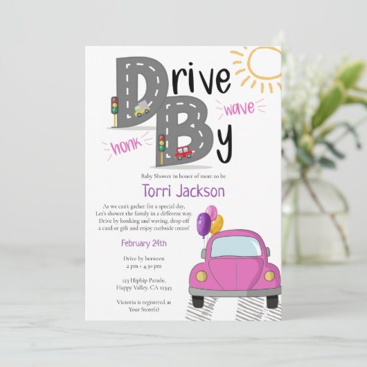 少女用ベビーシャワーピンク車で運転する 招待状 (スタンド正面)