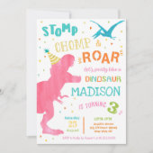 少女用恐竜Tレックスバースデーパーティ招待状 招待状 (正面)