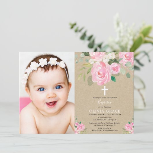 少女素朴フローラ洗礼赤面ピンク写真 招待状 (スタンド正面)