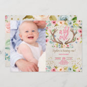 少女1歳の誕生日の〔雄ジカの〕枝角素朴ワイルド1枚 招待状 (正面/裏面)