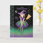 少女、ハロウィン、 tween 魔女 カード (黄色い花)