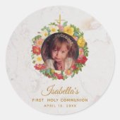 少女 初めての聖体拝領 大理石の写真 ローズの花輪 ラウンドシール (正面)