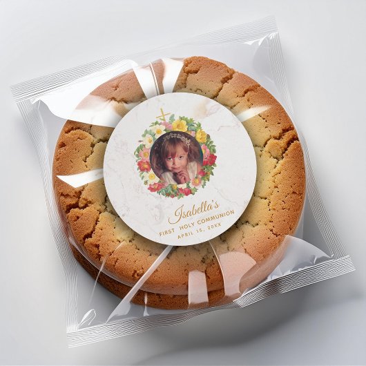 少女 初めての聖体拝領 大理石の写真 ローズの花輪 ラウンドシール